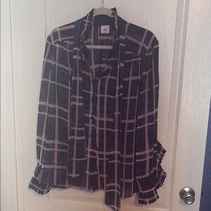 CAbi Green and Pink cupcake Plaid Blouse